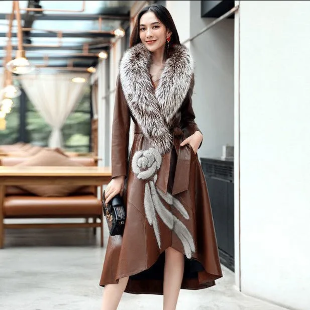 Leather Coat Female Autumn New European Sheep Skin Mink Fur Fox Hair Collar Haining Leather Windbreaker Slim V-Neck Outwear B13