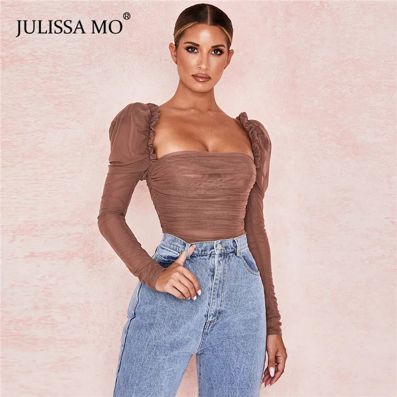 Хаки Julissa mo, черный, двойной слой, сетка, сексуальный боди, женские топы, осень, новинка, длинный рукав, средняя талия, боди, для девушек, бодикон, комбинезоны - Цвет: Хаки
