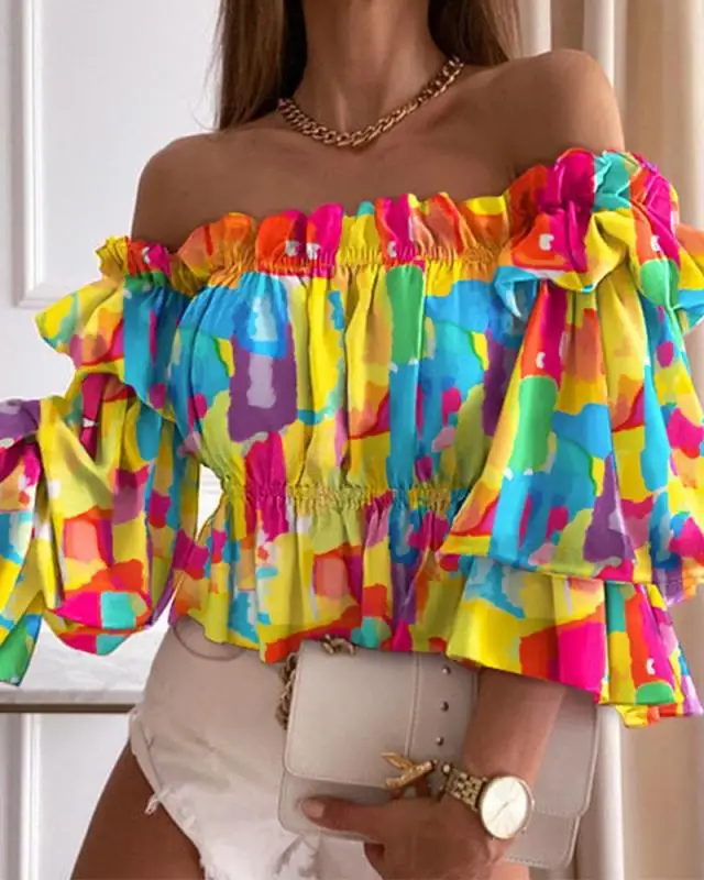 

Women Tie Dye Off Shoulder Layered Shirred Long Sleeve Casual Blouse Top Summer 2021 Femme Off Shoulder y2k Lady Clothing Tunic