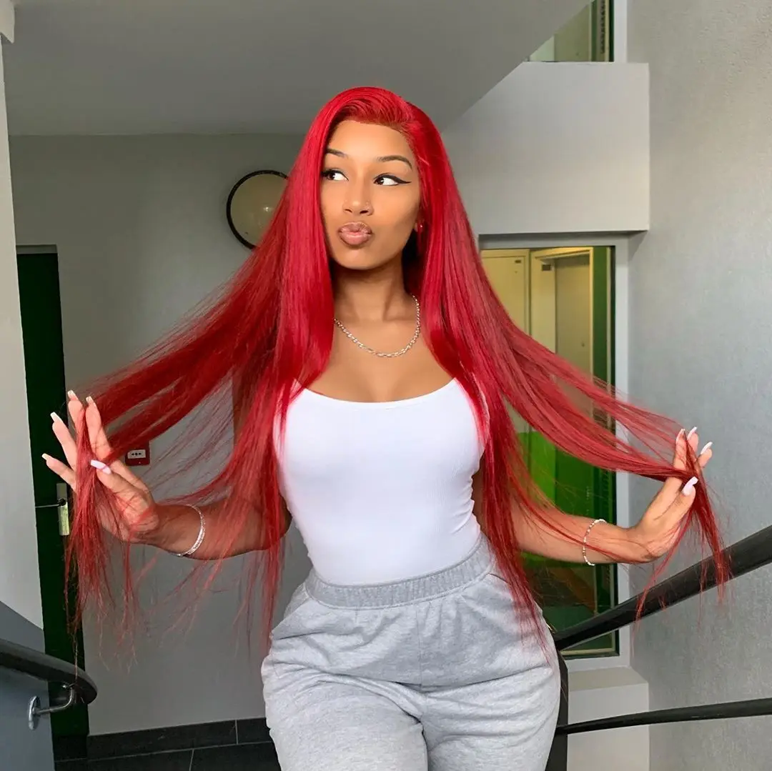 Red Long Straight Lace Front Wigs Brazilian Virgin Human Hair Glueless Pre Plucked Lace Front 180 Density