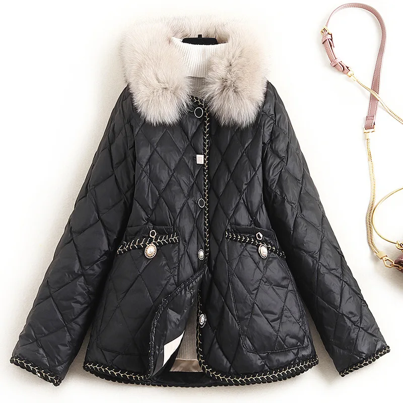 

2020 Winter Women High End Short Light Fashion Stitching Warm Natural Fox Fur Collar Nail Beads 90% White Down Coat Jacket