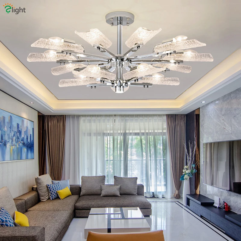 

Modern Iced Glass Led Chandelier Lighting Chrome Metal Living Room Led Pendant Chandeliers Lights Bedroom Hanging Lamp Fixtures