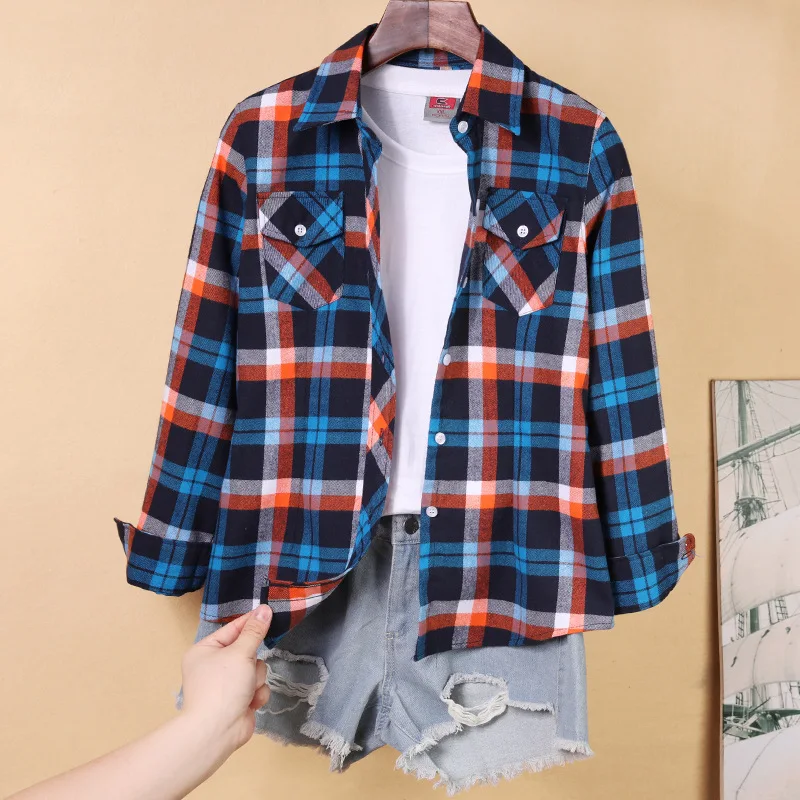 2021 New Women Plus Size Blouses Long Sleeve Cotton Shirts Turn-down Collar Flannel Plaid Shirt Casual Female Blouse 4XL 5XLTops | Женская
