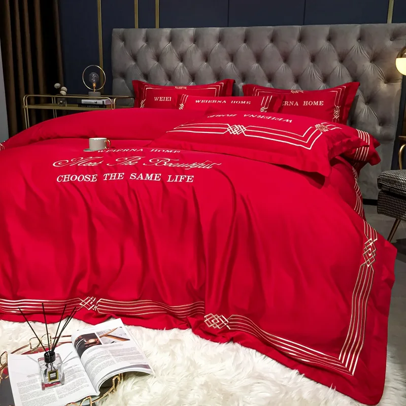 

4pcs Sets ice Silk Bedding Set Nordic 29 color Embroidery Quilt Cover Bed Sheet Pillowcase for Queen King Bedsheet Duvet Covers