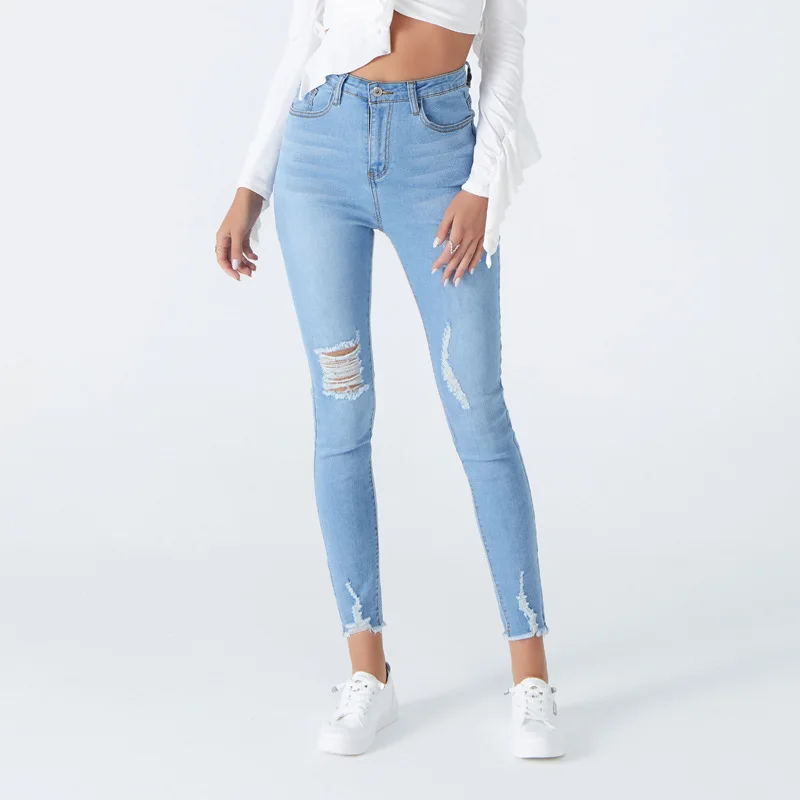 

NEW Stretch Holes Slim Pencil Jeans Women Ripped High Waist Denim Capri Jeans Women's Pants #003