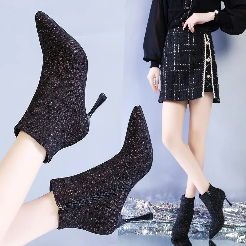 Women Boots Corduroy Butterfly-knot Boots Sexy High Heels Party Shoes Winter plus velvet Keep Warm Female Boots zapatos de mujer