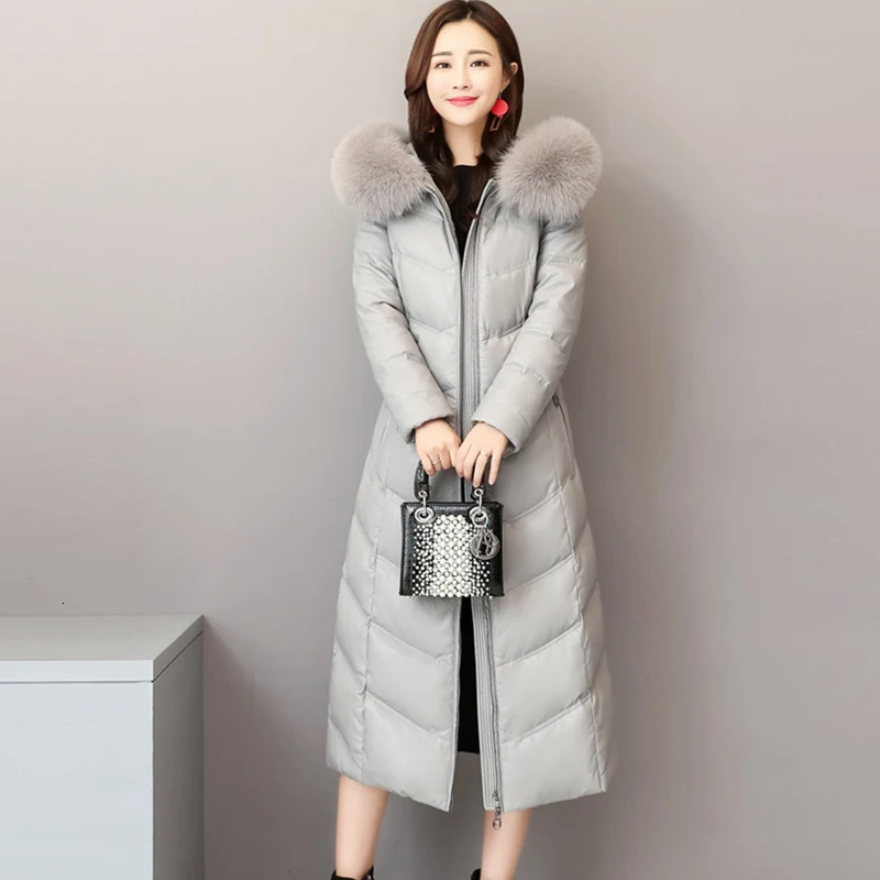 

Thick Warm Long Coats Winter Sheep Leather 2021 Big Fox Fur Collar Hooded Coat Female Plus Size White Duck Down Jacket Women V11