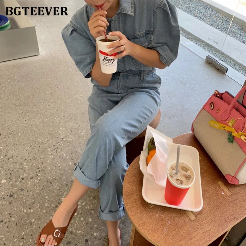 Женский джинсовый комбинезон BGTEEVER винтажный однобортный с отложным воротником и