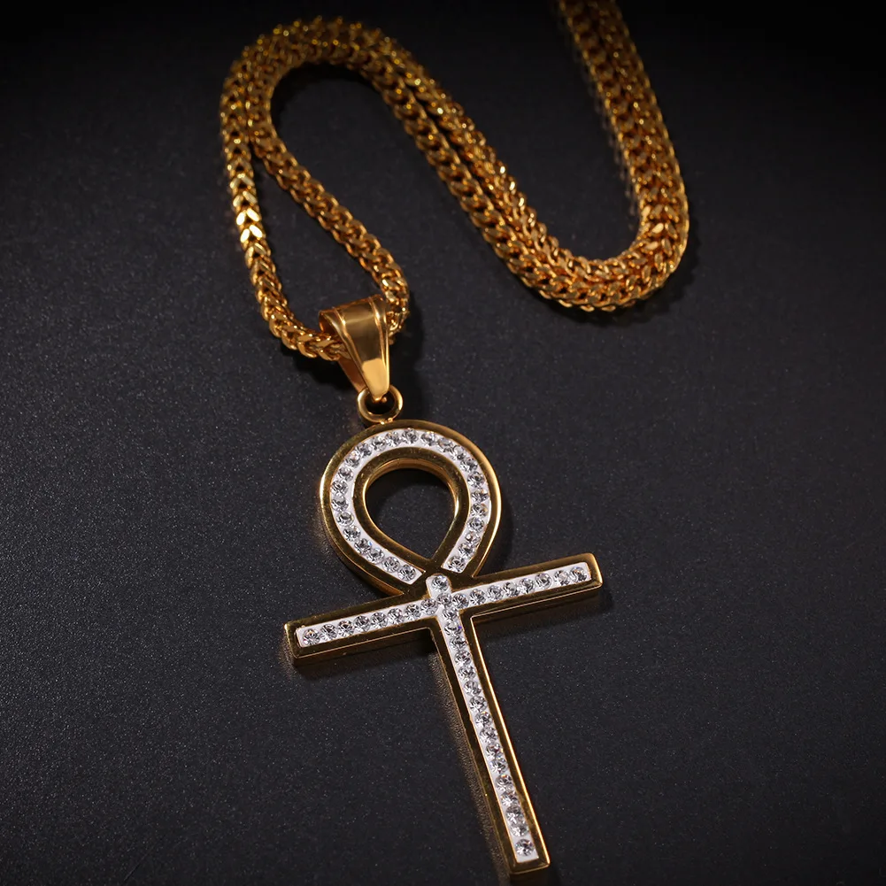 

Hip Hop Men Gold Color Stainless Steel Key Cross Pendant Neckalce Ice Out Cuban Jewerly Hip Hop For Men