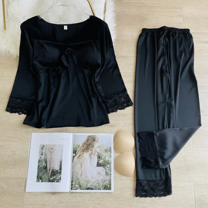

Satin Black Pajamas Set Women Lace Shirt&Pants Silky Sleep Set Spring Summer Pijamas Suit Full Slip 2PCS Sleepwear Home Clothes