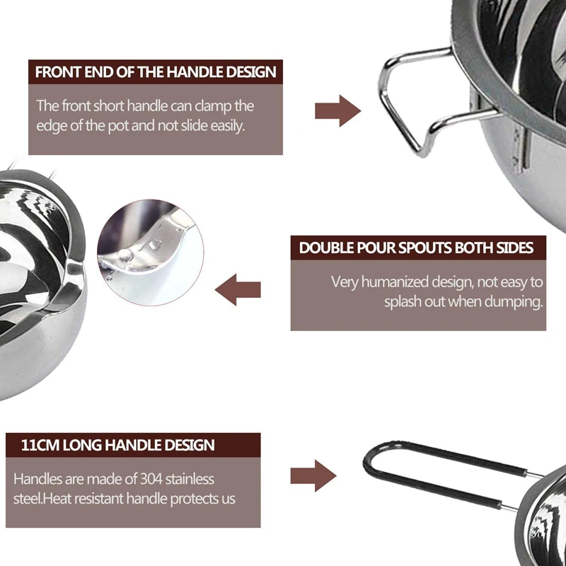 

2-Pack Stainless Steel Double Boiler, Heat-Resistant Handle for Chocolate, Butter, Cheese, Caramel and Candy- Steel Melting Pot,