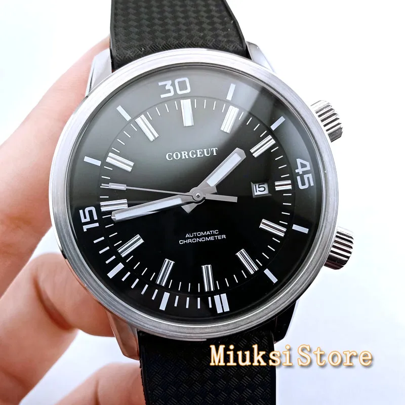 Мужские топовые брендовые Corgeut 45 мм с черным циферблатом резиновым ремешком и
