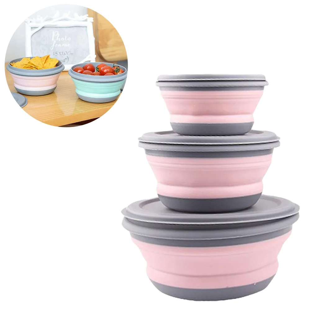 

3pcs/set Foldable Silicone Portable Food Container Salad Dish Camping Travel Outdoor Food Bowl