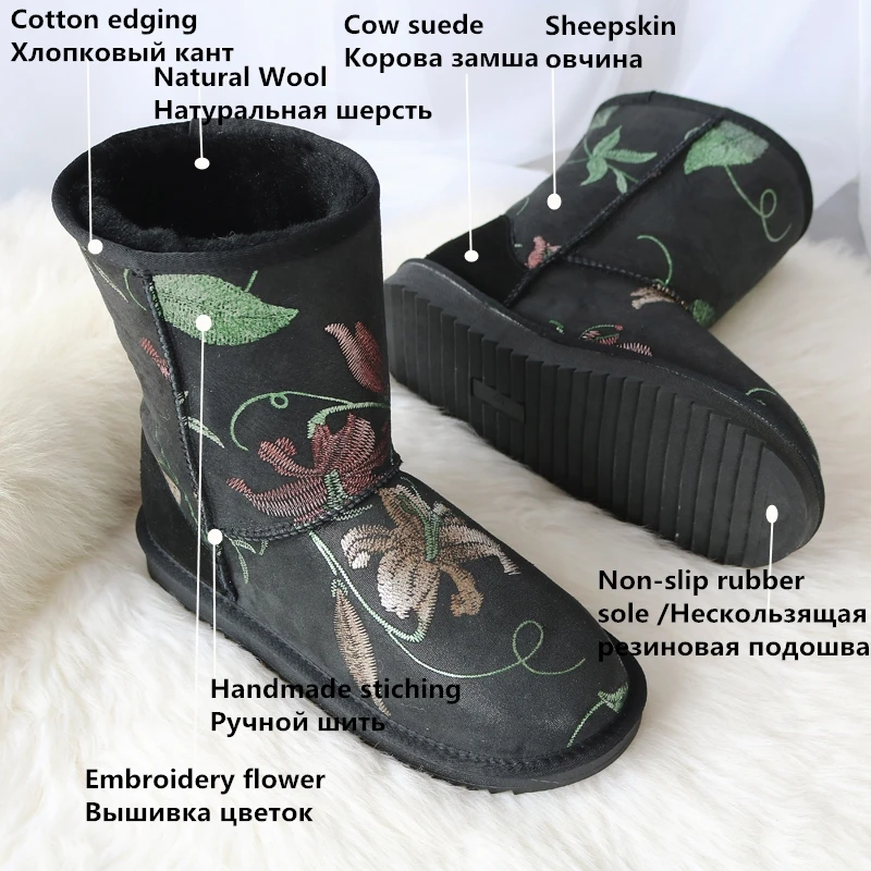 Женские зимние сапоги из овечьей шерсти G & Zaco черные до середины икры с вышивкой и