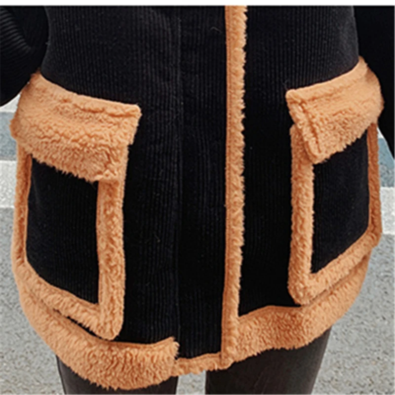 

Short Cotton-Padded Jacket Women 2020 Winter Fashion New Style Loose Lamb Wool Stitching Corduroy Long-Sleeved Coat Trendy 267