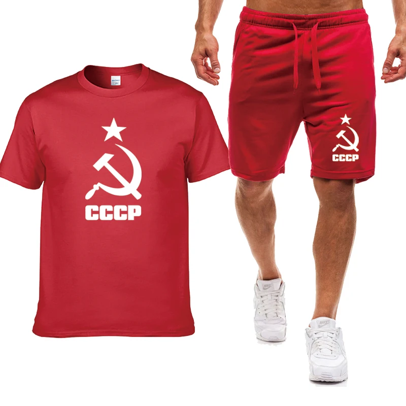 

New Summer Men's T-shirt CCCP Russian USSR Soviet Union Print Solid color casual trend Men's short sleeve + shorts 2-piece set