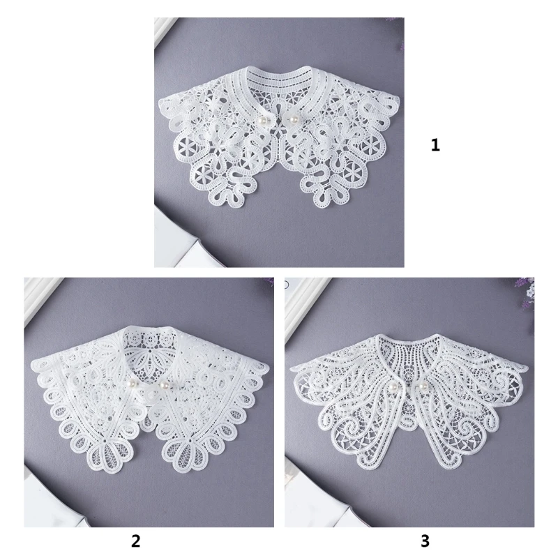 

Hollow Out Lapel Fake Collar Shawl Floral Lace Necklace with Pearl Brooch Pin