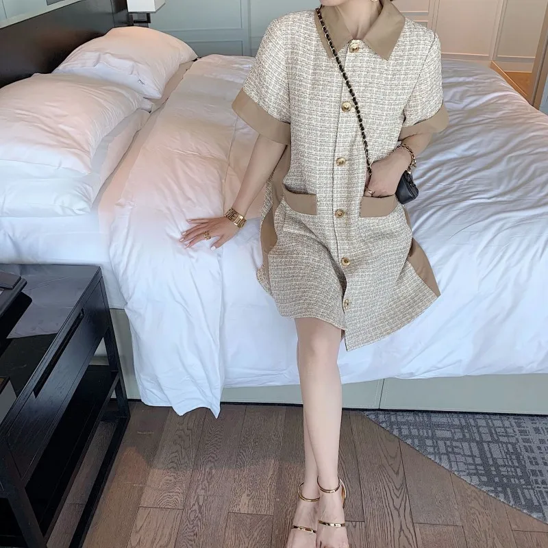 

New French Ladies High Qualities Vintage Blazer Tweed Dresses Short Sleeve Single Breasted Square Slim Womens Straight Dresses