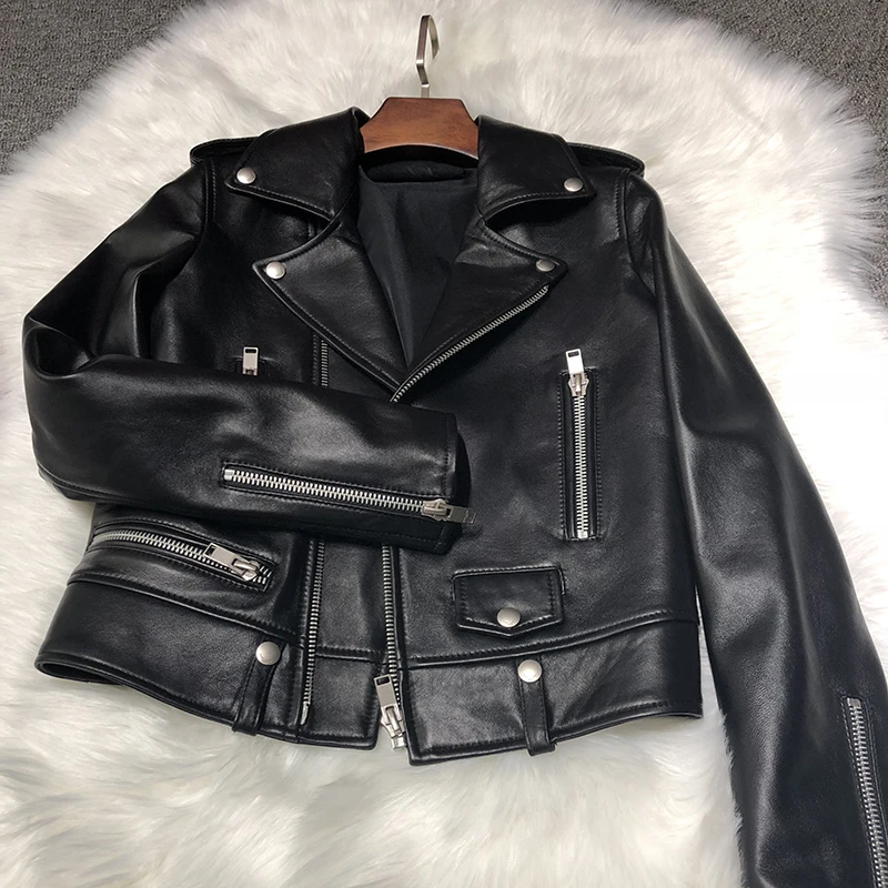 JAZZEVAR 2022 Classic High Fashion Street Women Real Sheep Skin Leather Jacket Black Genuine Leather short Motorcycle Jackets