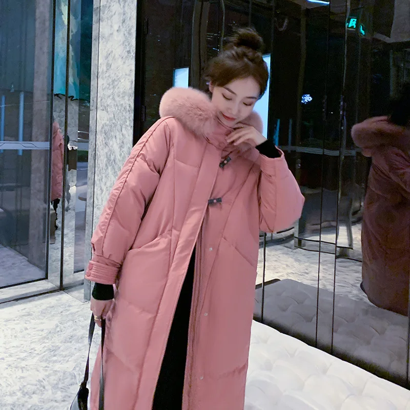 

2021 new down jacket women's mid-length thickened over-the-knee white duck down horn buckle winter long-sleeved hooded jacket