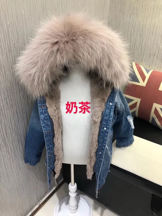 Blue top apricot fur Джинсы для маленьких девочек зимняя розовая Меховая куртка с натуральным кроличьим мехом для малышей Детские Длинные парки синие джинсы со съемным мехом и большим меховым воротником для мальчиков - Цвет: Blue top apricot fur