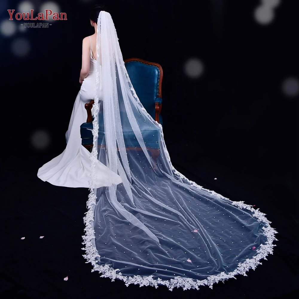 

YouLaPan V82 Cathedral Veil Bride 5 Meters Pearl Veil With Lace Applique Sets Veiled Woman for Party Tulle for Bride Real Photo