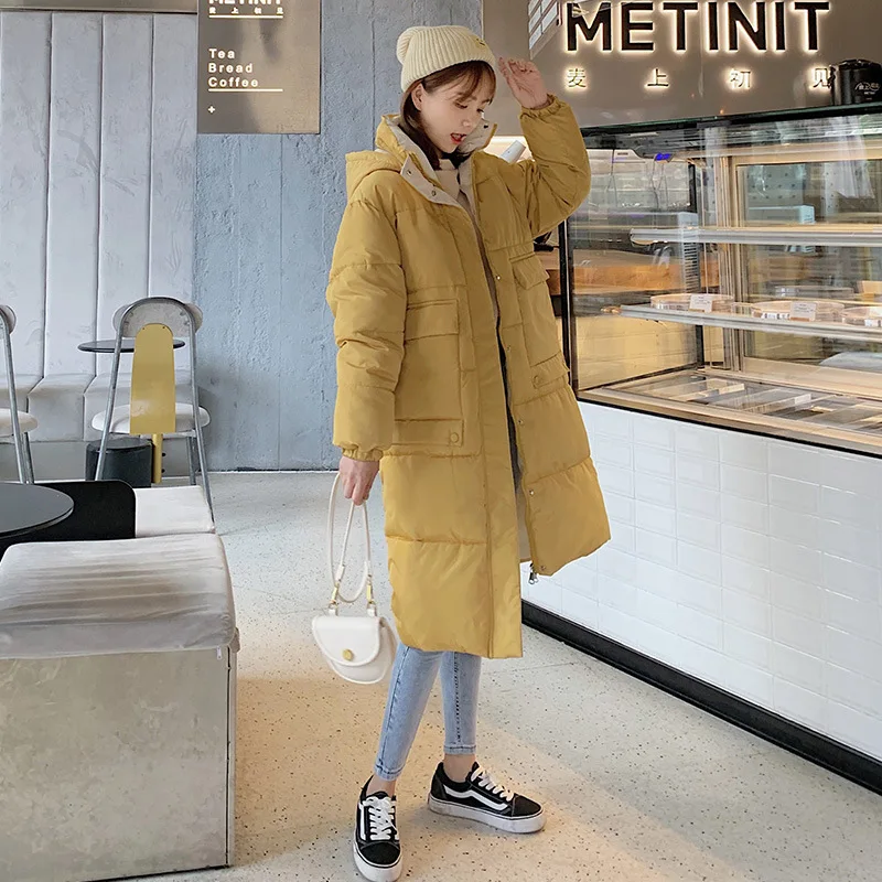 

Women Long Patchwork Stand Collar Oversize Winter Down Jacket Student Thick Warm Jacket Cotton Padded Wadded Parkas Big Pocket