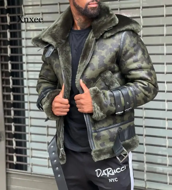 

Мужская кожаная куртка с пряжкой, камуфляжная куртка с большими волосами и двойным воротником, новинка зимнего сезона