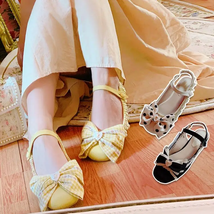 

Japanese Sweet College style Girl Round toe Pumps Summer Lolita Big Bowknot Shallow Flat shoes cosplay Casual Daily Single Shoes