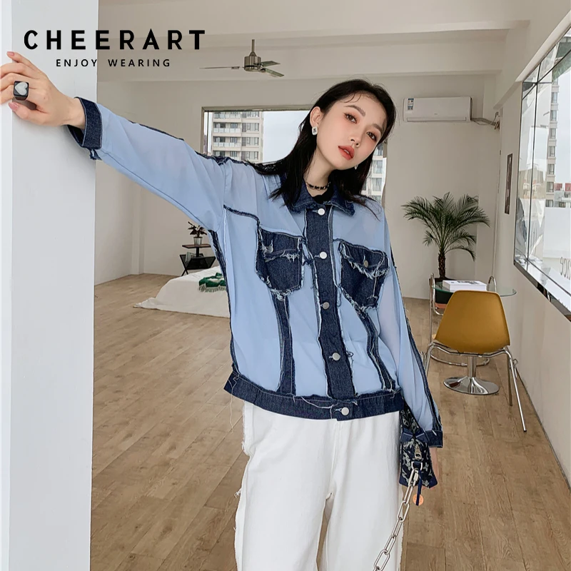 

CHEERART Denim Patchwork Blue Jackets For Women 2021 Shacket Fall Fashion Designer Coat Outerwear Autumn Clothes