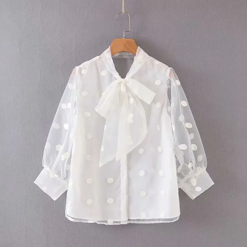 Новый женский элегантный воротник стойка в горошек Вышивка Повседневная блуза