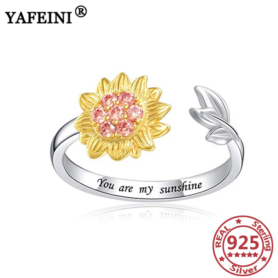 

YAFEINI 925 Sterling Silver Sunflower Rings For Women "You are my Sunshine" Adjustable Rings Graduation Gifts Mother's Day Gifts