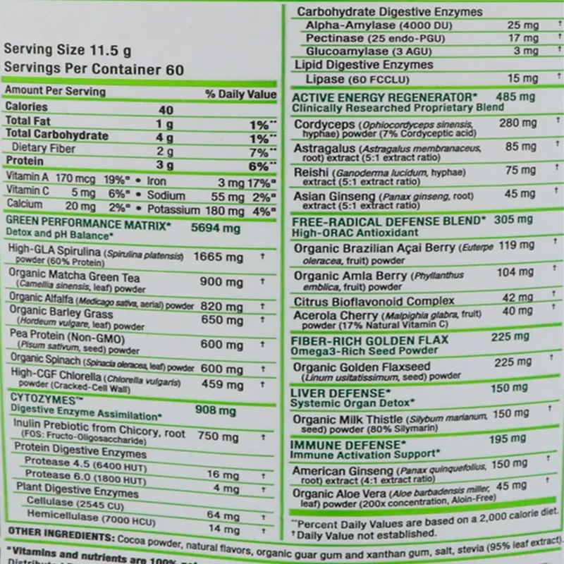 

A premium green blend for athletes, providing vitality and detox, physical fitness, chocolate, 24.3 oz (690 g)