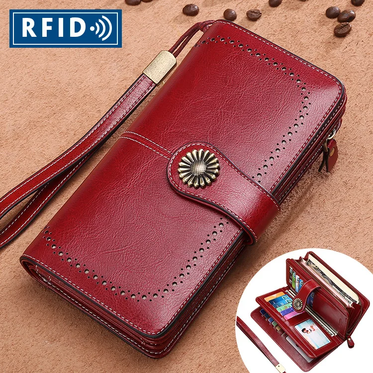 

Женский кошелек из коровьей кожи, с защитой RFID, большой емкости, с цветочным украшением, с длинными пряжками