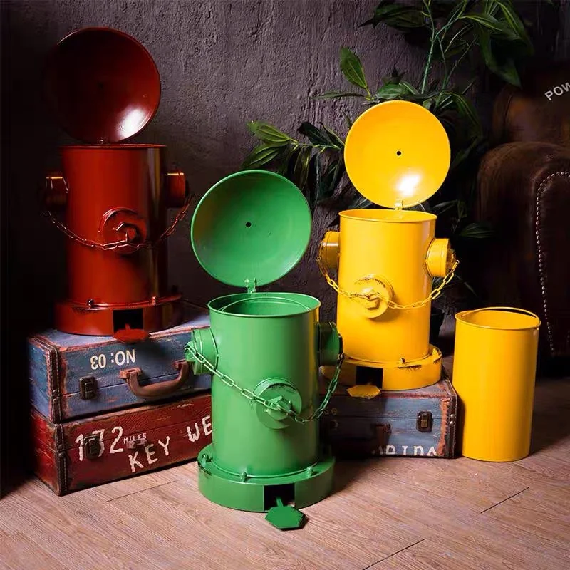 Creative Retro Fire Hydrant Foot Pedal Trash Antique industrial wind and iron art big garbage can  Living Room decoration
