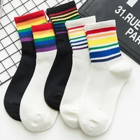 unisex rainbow stripes women men socks harajuku colorful funny socks unisex cotton 1 pair kawaii rainbow color happy socks