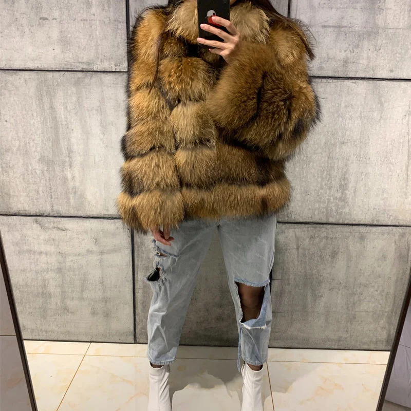 

SHZQ Raccoon Fur Coat Women Real Fur Coat Natural Raccoon Fur Coat Stand Collar