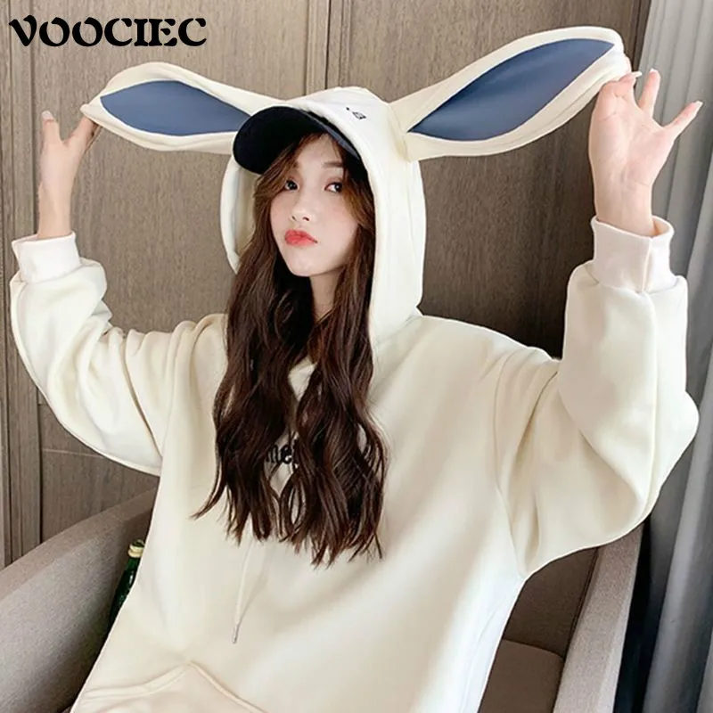 

VOOCIEC/осенне-зимний пуловер; Пальто с заячьими ушками; Милая стильная толстовка с капюшоном и длинными рукавами средней длины