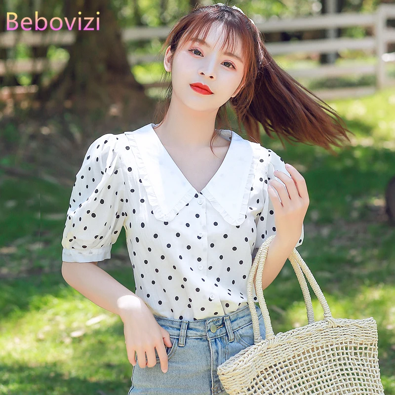 Белая зеленая шифоновая блузка с волнистыми точками для женщин 2020 модная летняя