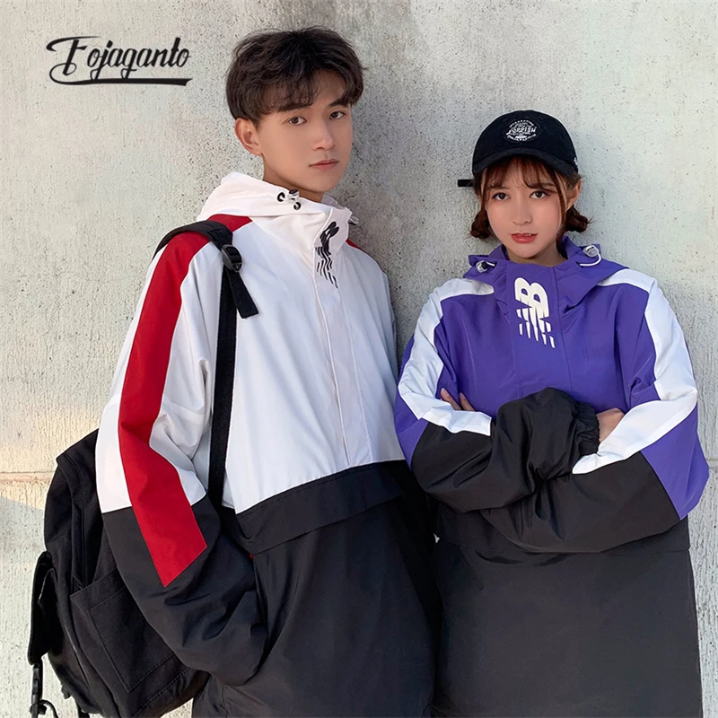 

FOJAGANTO Spring Autumn Men's Outdoor Jacket Stitching Color Students Couple Pullover Coat Fashion Streetwear Hooded Jacket Male