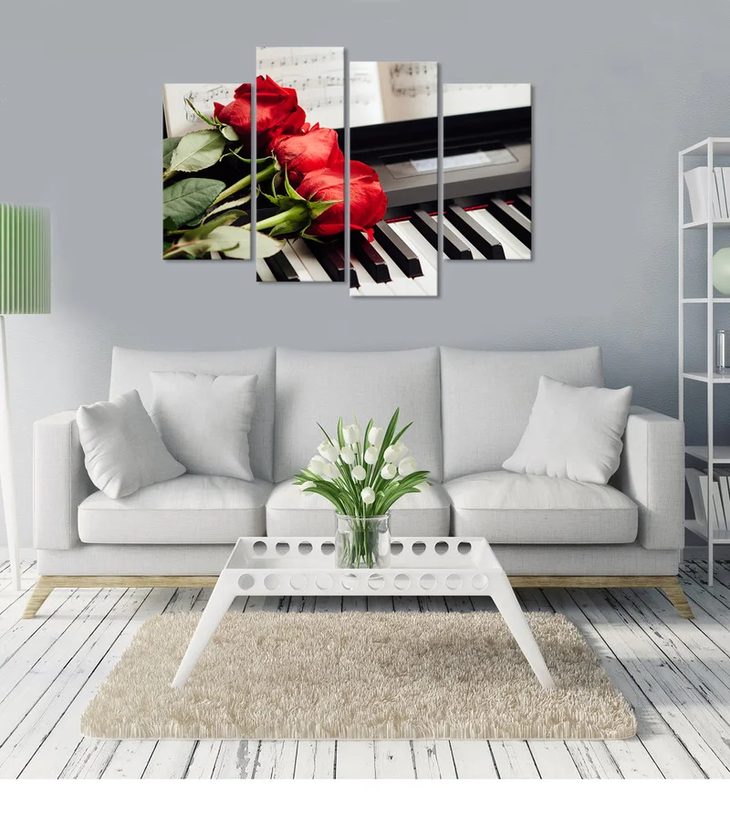 

Flowers Canvas Painting Red Rose on Piano Wall Art Poster 4 Pieces Floral and Musical Instrument Print Home Decor Modern Picture