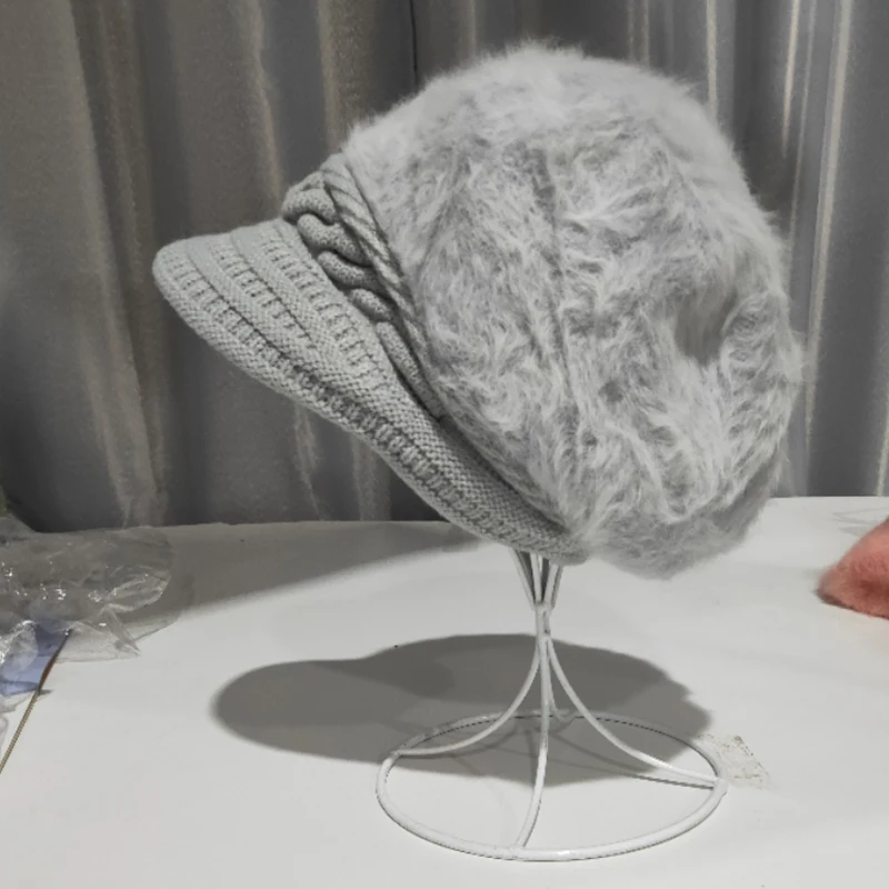 Women's hat winter rabbit hair knitted beret hat winter hats for women caps women fashion winter hat women's knitted hat - Цвет: gray