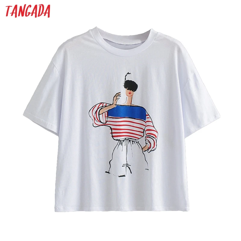 Tangada 2021 для женщин с рисунком хлопковая футболка короткими рукавами и круглым