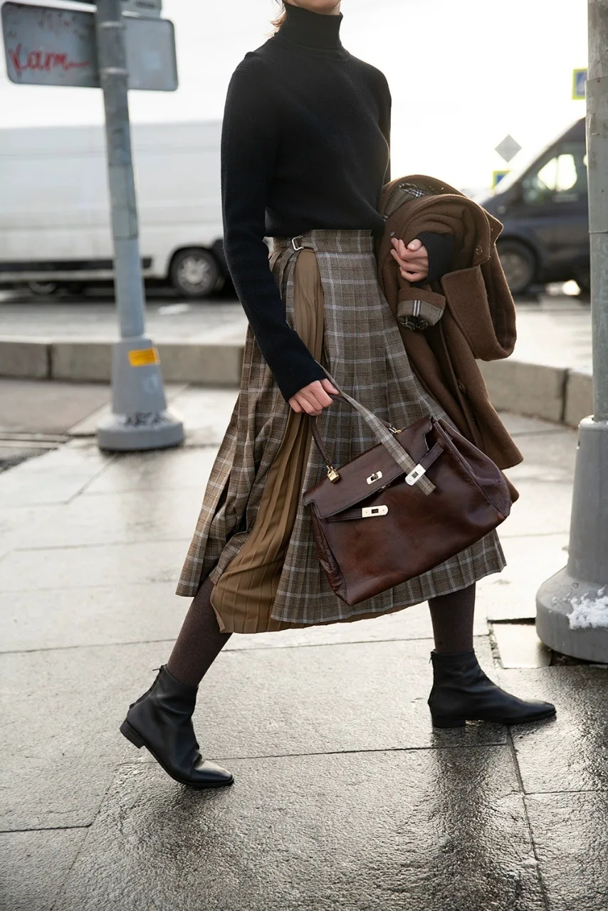 

2020 Fall/Winter New Check Adjustable Pleated Skirt