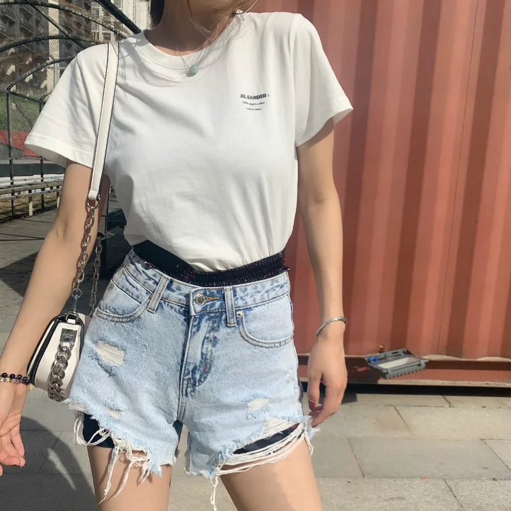 

2020 Summer New Women's LOGO Print Short Sleeve Cotton White T Shirt Top Female