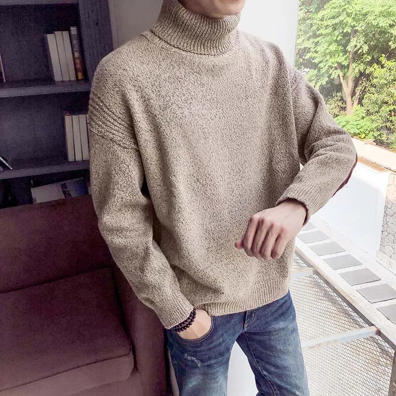 Мужской осенне-зимний свитер с высоким воротником однотонный пуловер вязаный JS26