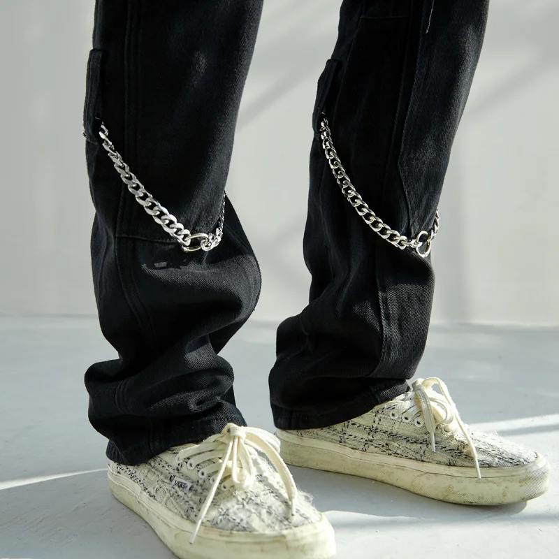 2021 Chain Decoration Black Slim Men Hip Hop Jeans Pencil Pants Solid Casual Gothic Denim Trousers Korean Fashion Pantaloni Uomo