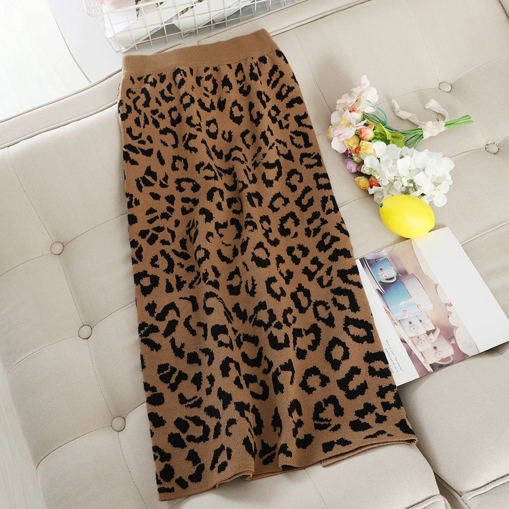 SINGRAIN Женская леопардовая трикотажная юбка зимняя толстая облегающая миди