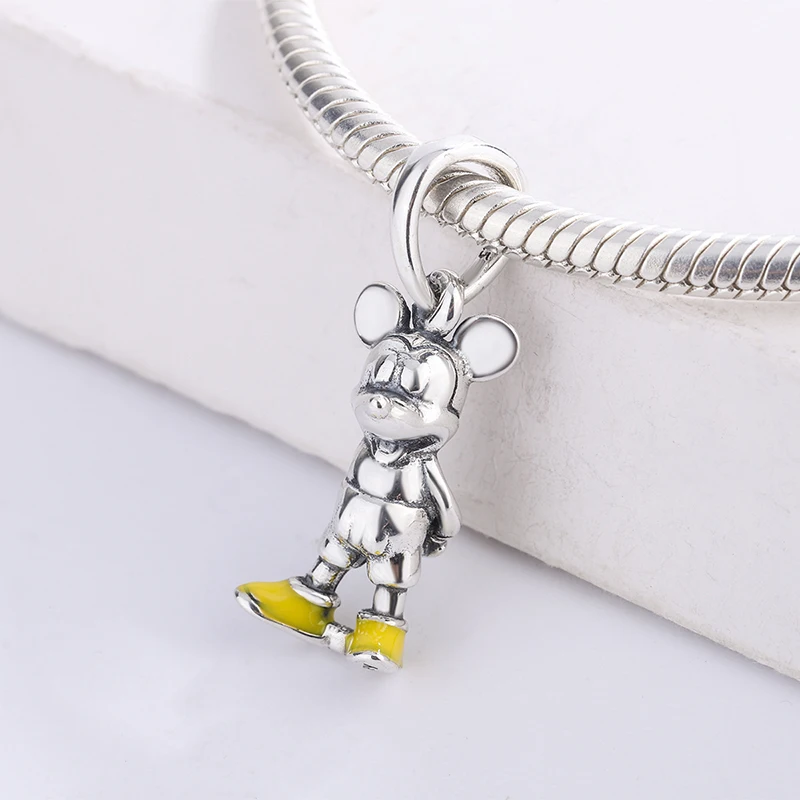 

925 Sterling Silver Yellow Enamel Mickey Pendant Charm Bracelet Fashion DIY Jewelry Making For Original Pandora