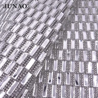 junao 24x40cm clear hotfix rhinestones mesh trim rectangle crystal applique iron on strass ribbon banding for clothes